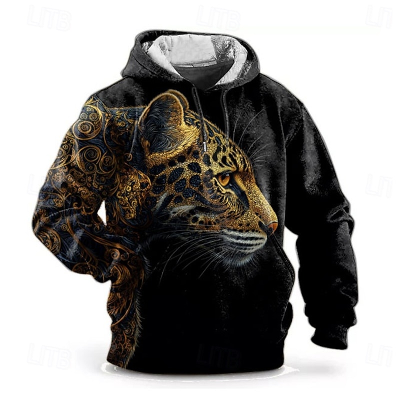 Men's Leopard Hoodie Hoodies Sweatshirt Fashion Casual Long Sleeve Hooded Sports Outdoor Streetwear Black Print Front Pocket Spring &  Fall Designer