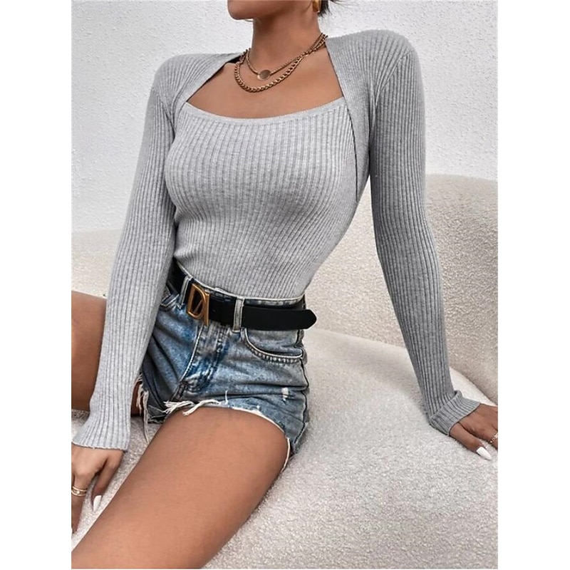 Women's T Shirt Plain Fashion Modern Casual Long Sleeve Square Neck Regular Tops Daily Weekend Black White Red Gray Fall Winter4