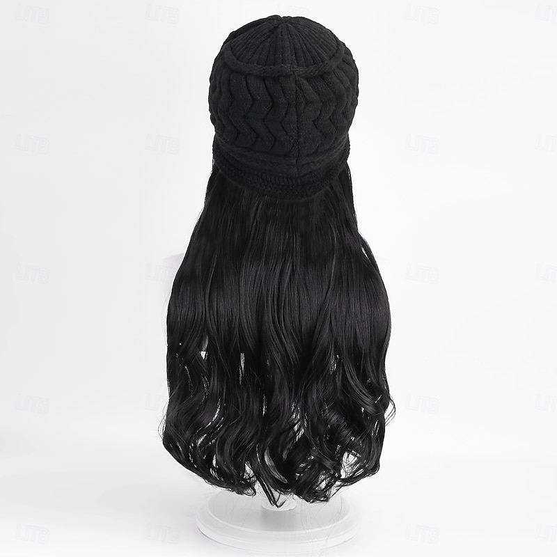 Hat Wig Beanie Hat with Hair Long Wavy Extensions Knit Pom Pom Hat  for Women Winter Black2