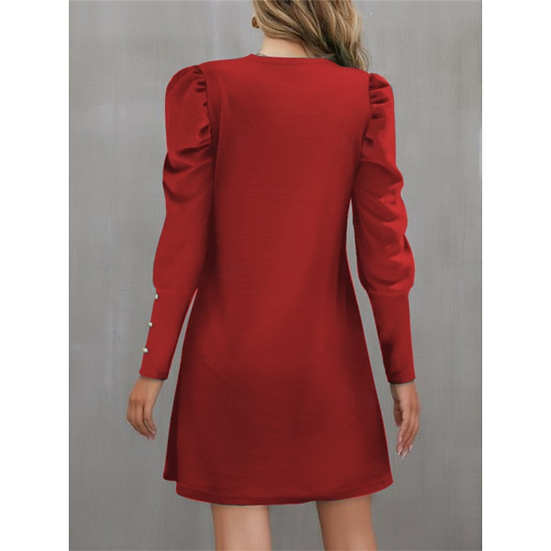 Women's Casual Dress Mini Dress Ruched Button Casual Crew Neck Long Sleeve Black Red Green Color2