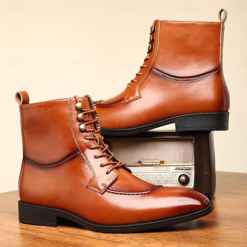 Men's Vintage Brown Faux Leather Ankle Boots - Classic Lace-Up Design with Polished Finish for Formal and Casual Wear3