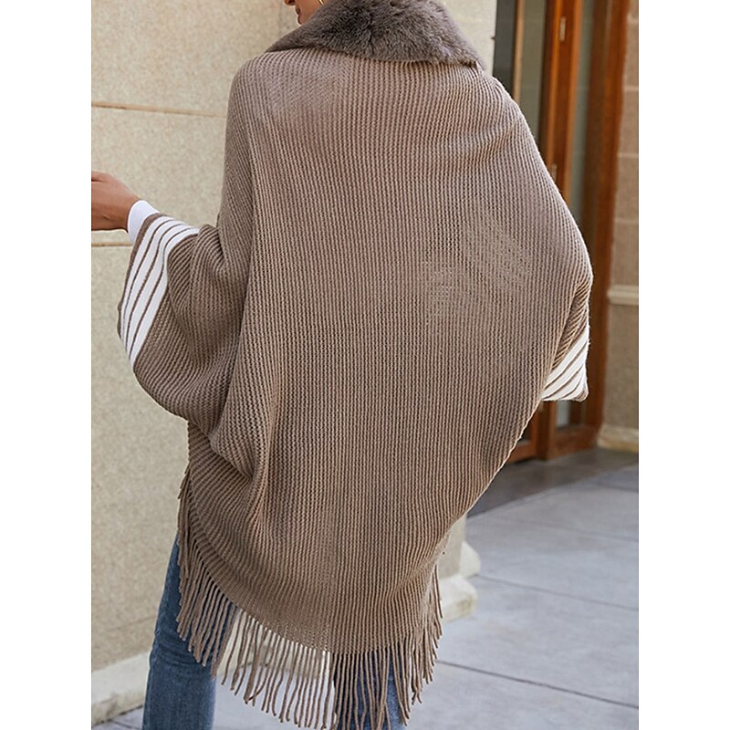 Women's Cloak / Capes Outdoor Street Daily Wear Fall Winter Regular Coat Regular Fit Thermal Warm Breathable Stylish Casual Jacket Long Sleeve Stripe Tassel Fringe Faux Fur Trim Wine Apricot Coffee2