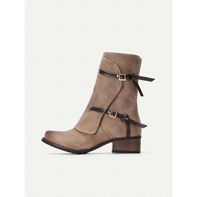 Women's Casual Faux Leather Ankle Boots – Side Zipper, Double Buckle Straps, and Stacked Heel for Everyday Wear3