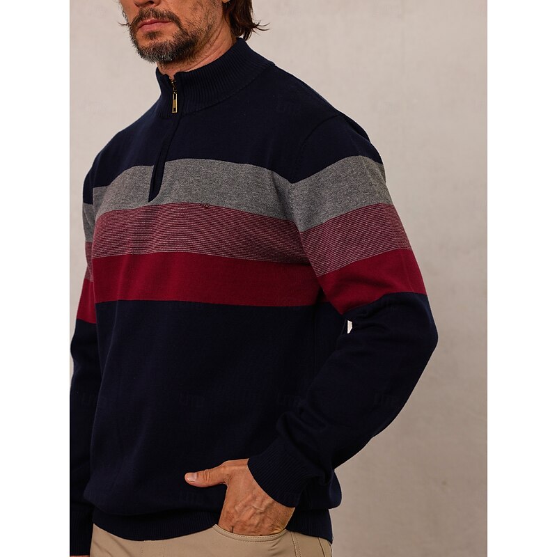 Men's Sweater Black Navy Blue Green Long Sleeve Thermal Warm Top Color Block Fall Winter Golf Attire Clothes Outfits Wear Apparel3