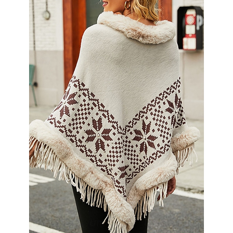 Women's Sweater Pullover Sweater Jumper Shrug Casual Soft Argyle Ribbed Turtleneck Tassel Knitted Faux Fur Trim 3/4 Length Sleeve Long Tops Knit Outdoor Daily Weekend Yellow Wine Fall Winter2