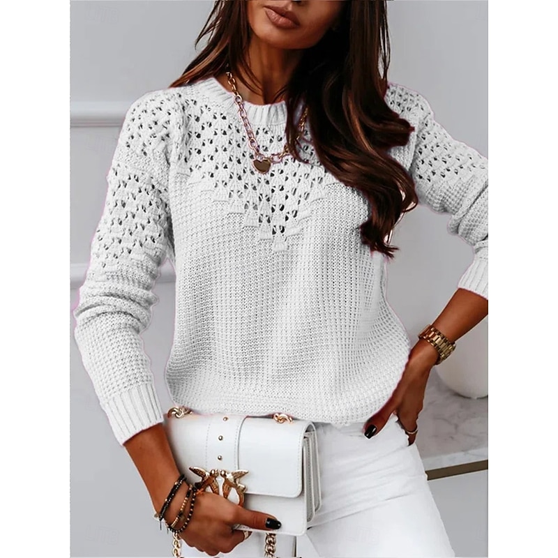 Women's Sweater Casual Soft Pure Color Ribbed Crew Neck Knitted Long Sleeve Regular Tops Knit Outdoor Daily Weekend White Pink Fall Winter4