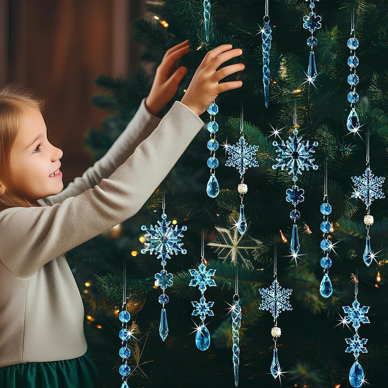 18pcs Christmas Ornaments Set Light Blue Acrylic Snowflake and Icicle Ornaments, Christmas Tree Hanging Decorations, Festive Hanging Pendants for Xmas Holiday Decor