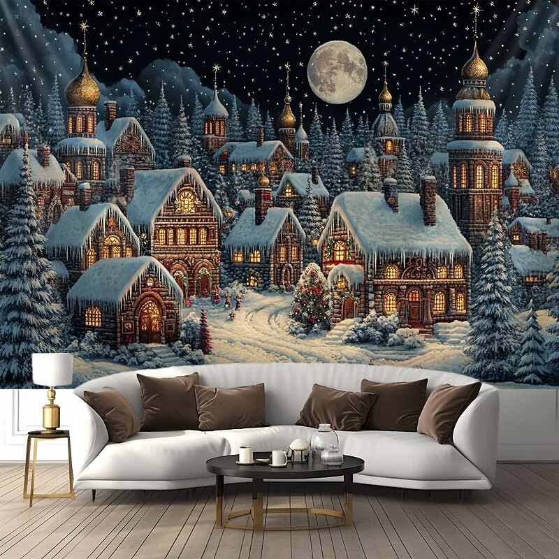 Christmas Decorations Hanging Tapestry Snow Village Wall Art Xmas Large Tapestry Mural Decor Photograph Backdrop Blanket Curtain Home Bedroom Living Room Decoration