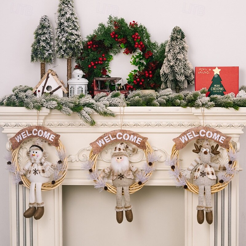 Christmas White Pine Needle Wreath Decorations, Santa Claus and Snowman Figurines, Reindeer Ornaments, Festive Holiday Hanging Wreath for Home Decor