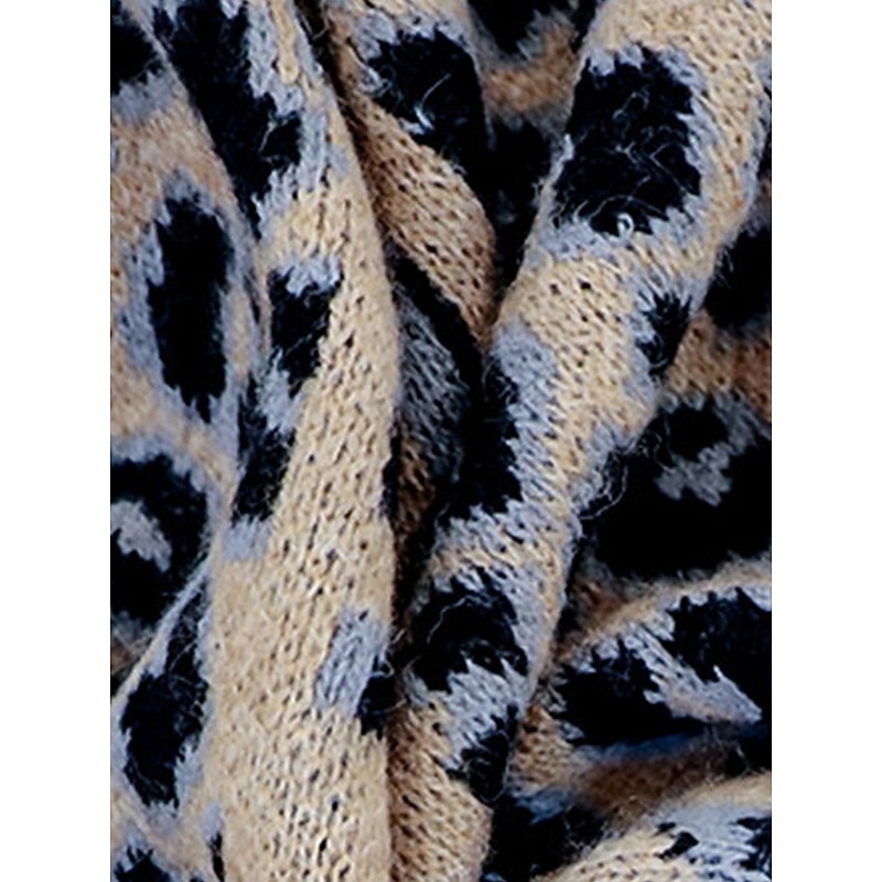 Women's Sweater Cardigan Casual Soft Leopard Ribbed V Neck Pocket Knitted Print Long Sleeve Long Tops Knit Outdoor Daily Weekend Brown Light Grey Fall Winter3