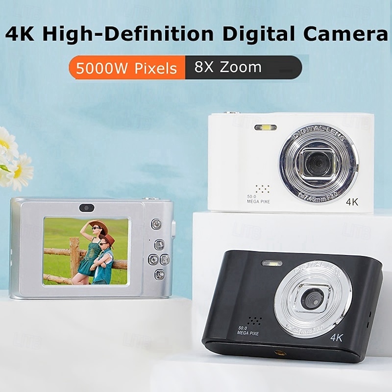 4K Digital Camera Point and Shoot Photography Travel Selfie Camara 2.4inch Screen Entry-Level Gift Compact Digicam Selfie Mini Retro Cam