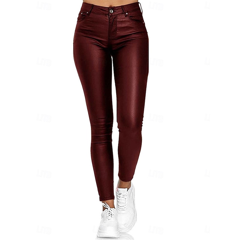 Women's Slim Leather Pants Tights Fashion Streetwear Full Length High Waist Plain Pocket High Cut Thermal Warm Windproof Micro-elastic Outdoor Street Wine Black Blue Spring &  Fall Regular Fit4