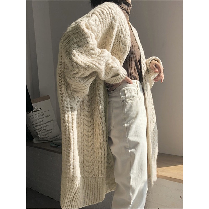 Women's Sweater Cardigan Casual Soft Pure Color Cable Open Front Knitted Long Sleeve Long Tops Knit Outdoor Daily Weekend Blue Apricot Fall Winter3