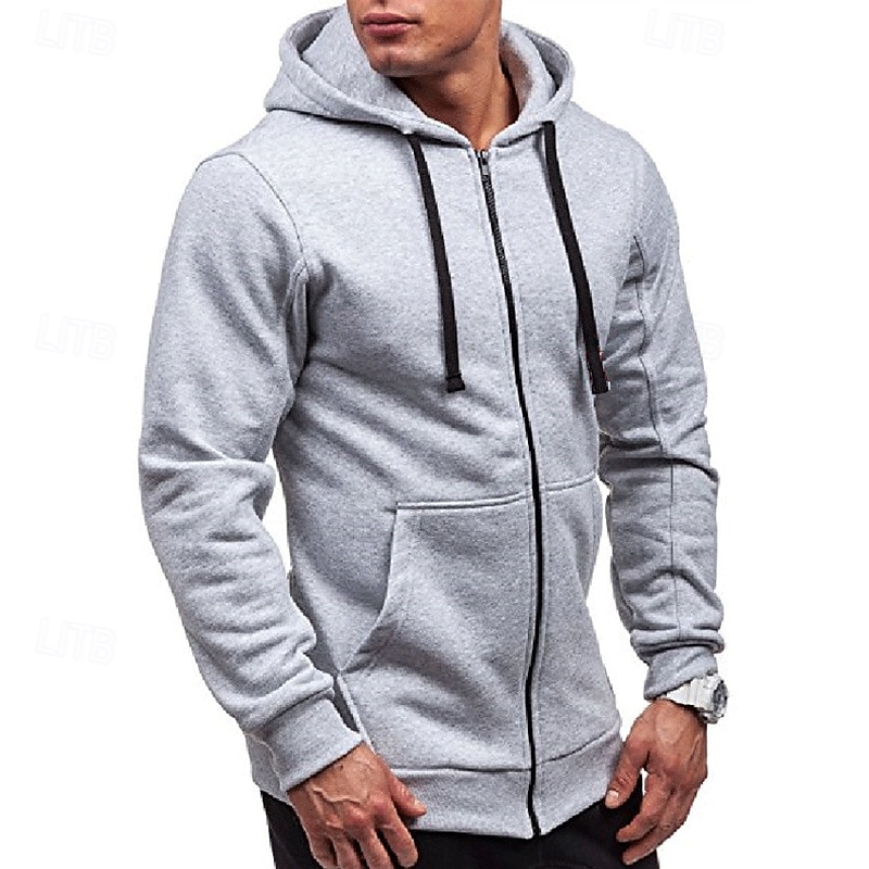 Men's Full Zip Hoodie Zip Up Hoodie Black Wine Navy Blue Light Grey Dark Gray Hooded Plain Zip Up Patchwork Pocket Sports & Outdoor Daily Holiday Polyester Streetwear Basic Casual Spring &  Fall4