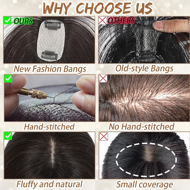 Hair Toppers for Women Real Human Hair, 5*9CM Bangs Hair Clip 3D Cover Wipsy Human Hair Topper with Bangs, Human Hair Toppers for Women Daily Dark Brown4