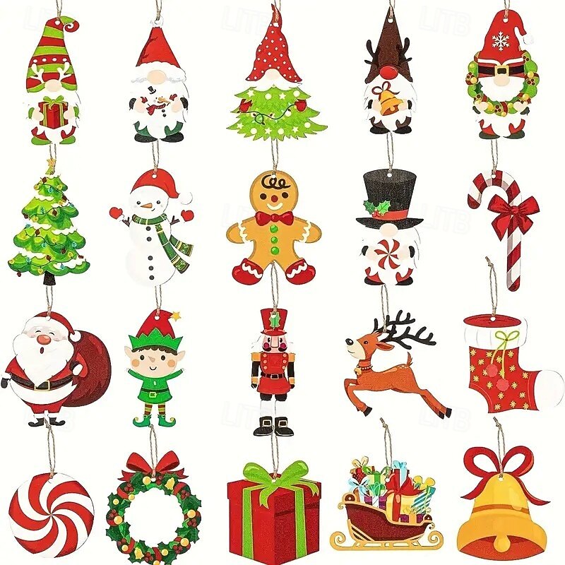 20pcs Christmas Wooden Ornaments Set, Featuring Elf, Gingerbread Man, and Snowman Patterns, Perfect for Tree, Wall, and Garden Decor, Ideal Holiday Party Gifts and Gift Tags