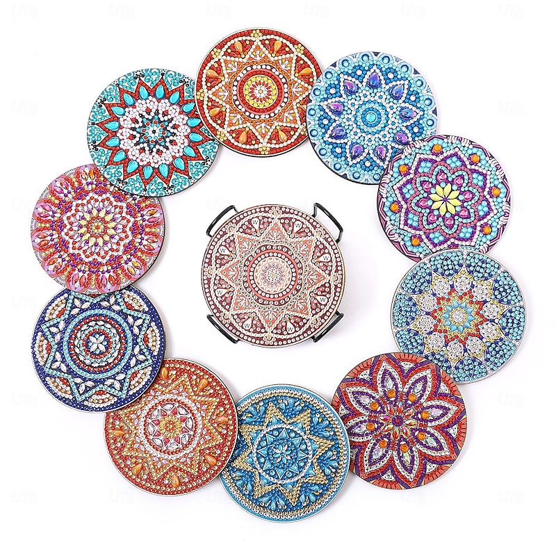 10Pcs Diamond Art Painting Coaster Kit DIY Crafts Kit with Holder Non Slip Coaster Art Supplies for Adults Women Ideal Christmas Gift
