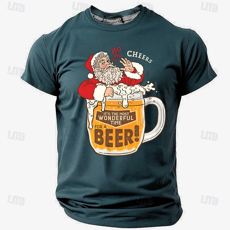 Christmas Men's Funny Christmas 3D T-shirts Santa Claus Oktoberfest Beer Retro Vintage Casual Street Style 3D Print Tee Sports Outdoor Holiday Rust Red Black Navy Blue Short Sleeve Crew Neck Shirt