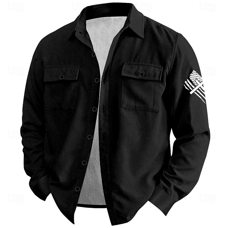 Christmas Men's American US Flag Patriotic Corduroy Shirt Shirt Jacket Overshirt Long Sleeve Vintage Fashion Casual Outdoor Dailywear Holiday Fall & Winter Turndown Collared Shirts Buttons 3D Print 24