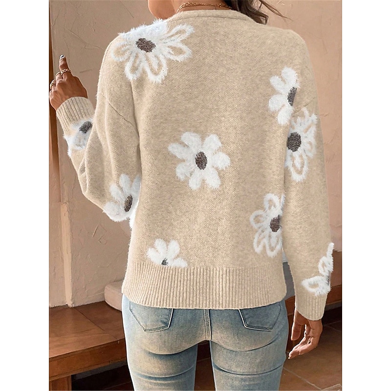 Women's Sweater Cardigan Casual Soft Floral Ribbed V Neck Buttons Knitted Long Sleeve Regular Tops Knit Outdoor Daily Weekend Black Light Grey Fall Winter 9