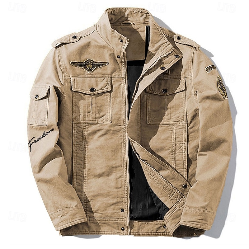 Men's Cotton Embroidered Military Jacket Cargo Jacket with Shoulder Straps Long Sleeve Standing Collar Multi-Pockets Coat Trucker Jacket Freedom Letter Print Tactical Outerwear