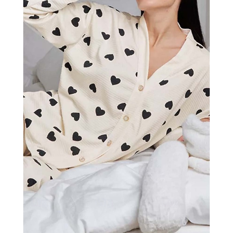 Women's Valentine Pajama Set Heart Casual Comfort Home Daily Comfort Warm V Neck Long Sleeve Cardigan Pant Button Up Elastic Waist Fall Winter Home Outfits4