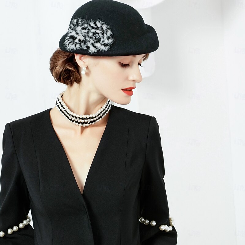 Hats 100% Wool Beret Hat Bowler / Cloche Hat Holiday Tea Party Elegant Wedding With Floral Headpiece Headwear