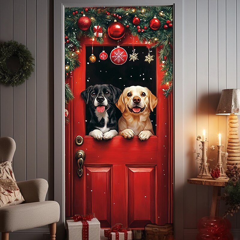 Christmas Door Decorations Door Covers Xmas Ornaments Animals Door Tapestry Door Curtain Decoration Backdrop Indoor/Outdoor Door Banner for Front Door Farmhouse Dog4