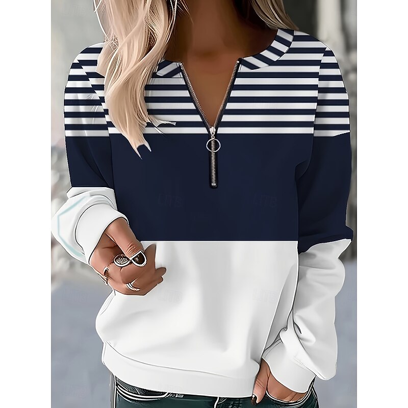 Women's Quarter Zipper Sweater Striped Street Dailywear Print Casual Crew Neck Long Sleeve Micro-elastic Fall Winter Comfrt Breathable Soft Fabric