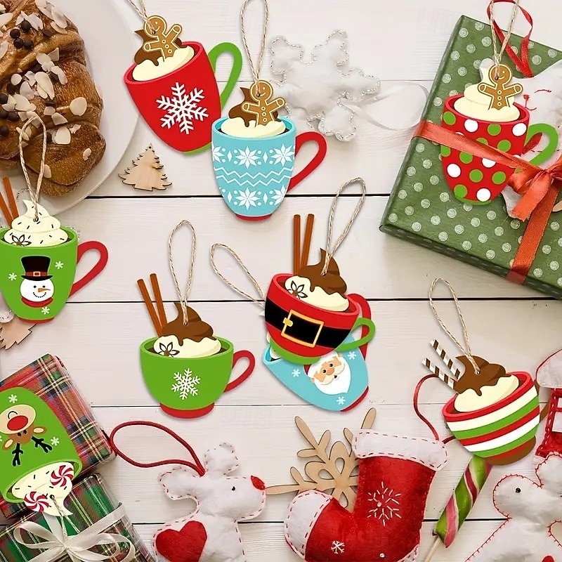 27pcs Christmas Wooden Cup Ornaments, Festive Holiday Hanging Pendants featuring Snowflakes, Santa, and Snowman Designs, Perfect for Xmas Tree Decor, Rustic Wood Decor4