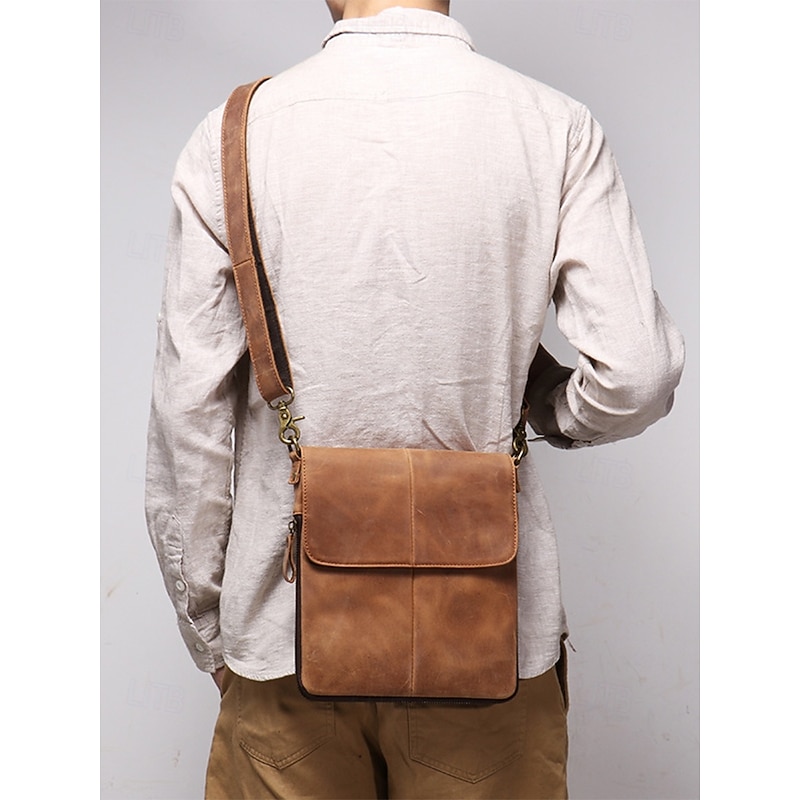 Men's Crossbody Bag Messenger Bag Shoulder Bags Leather Cowhide Office Casual Daily Zipper Multiple pockets Large Capacity Durable Expandable Solid Color Light Brown2