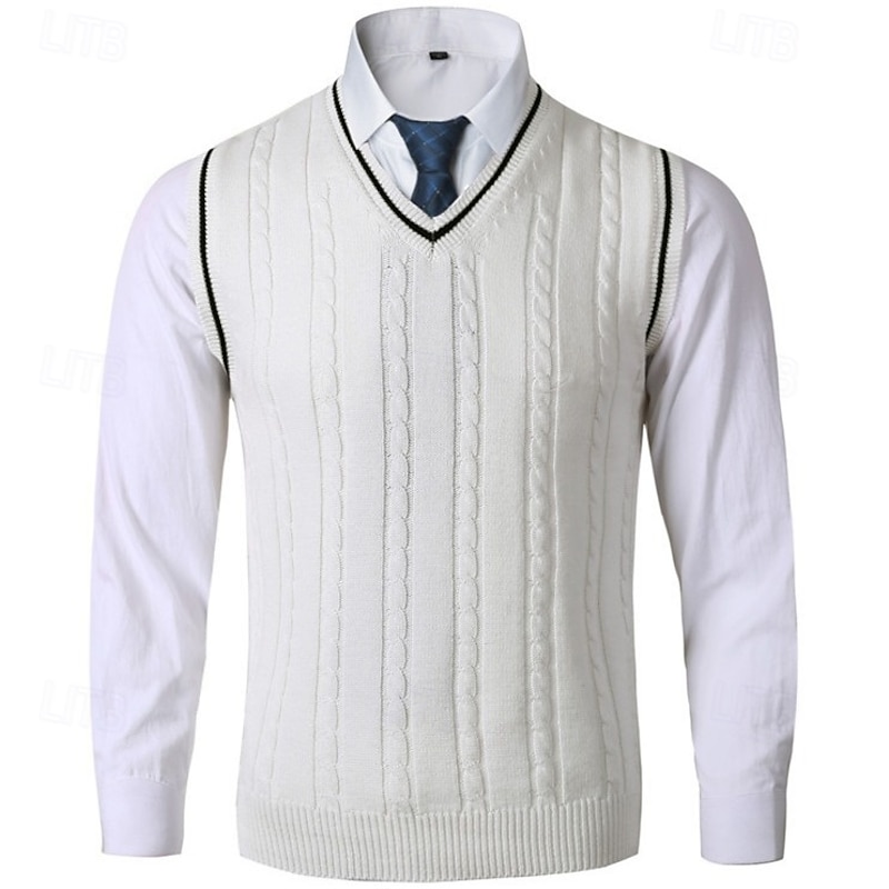 Men's Sweater Vest Pullover Sweater Jumper Dress Sweater Vest Knit Sweater Ribbed Cable Knit Knit Regular Knitted Plain V Neck Fashion Casual Daily Wear Date Clothing Apparel Fall & Winter Black White