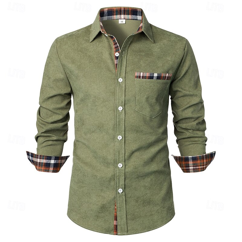 Men's Dress Shirt Corduroy Shirt Plaid Outdoor Work Black Navy Blue Brown Khaki Long Sleeve Turndown Spring &  Fall Clothing Apparel Patchwork2