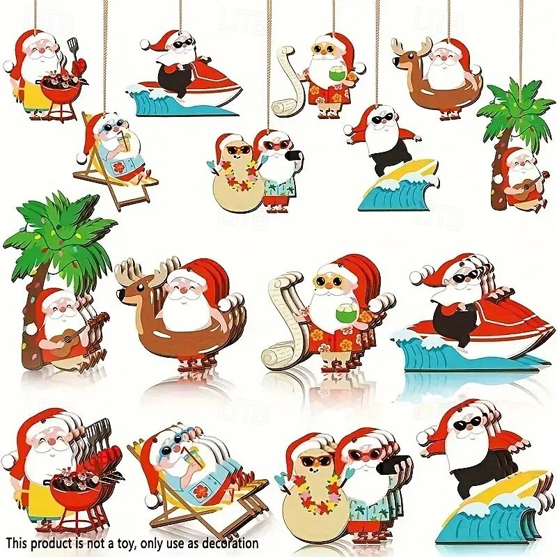 24pcs Vintage Wooden Christmas Ornaments - Surfing Santa and Tropical Snowman with Palm Trees - Beach-Themed Holiday Decor for Home and Garden Outdoors