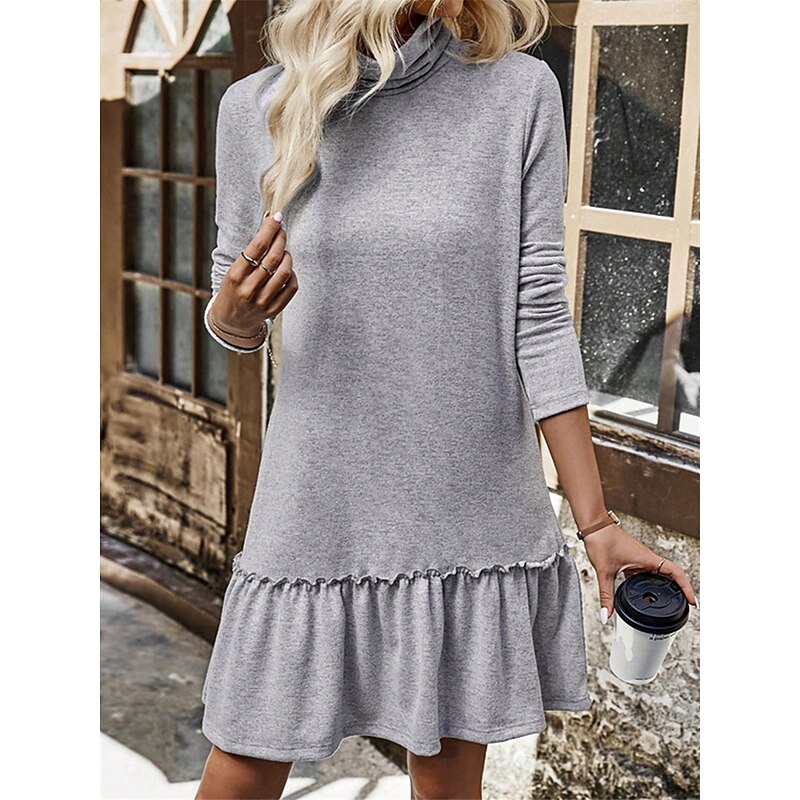 Women's Casual Dress Mini Dress Ruffle Hem Casual Turtleneck Long Sleeve Gray Color3