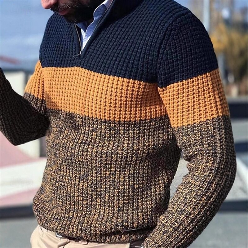 Men's Sweater Pullover Sweater Jumper Ribbed Knit Regular Knitted Slim Fit Plain Quarter Zip Modern Contemporary Work Daily Wear Clothing Apparel Winter Spring &  Fall Orange Gray S M L3