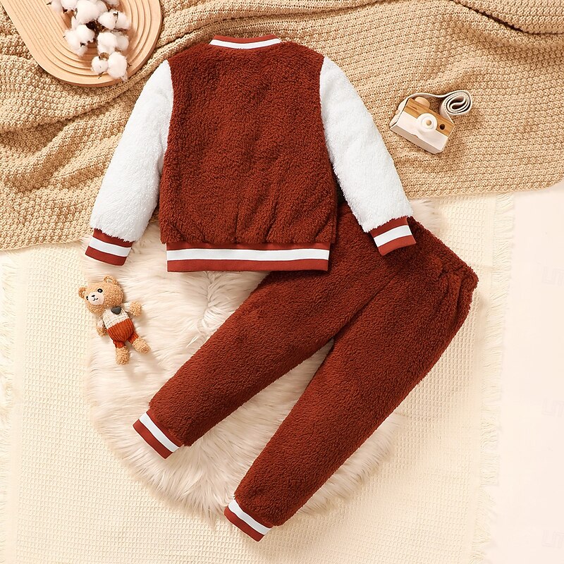 2 Pieces Toddler Boys Hoodie & Sweatpants Set Outfit Letter Long Sleeve Patchwork Set School Fashion Daily Fall Winter 4-7 Years Brown2