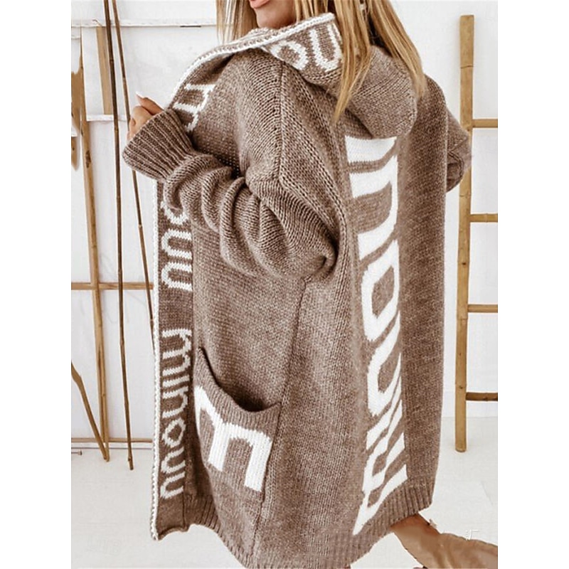 Women's Sweater Cardigan Casual Soft Letter Ribbed Hooded Pocket Knitted Long Sleeve Long Tops Knit Outdoor Daily Weekend Light Brown Gray Fall Winter2