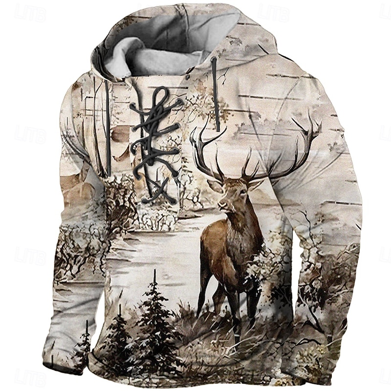 Men's Deer Hoodie Hoodies Sweatshirt Fashion Cool Long Sleeve Hooded Vacation Sports Outdoor Streetwear Beige Drawstring Fall Winter Designer