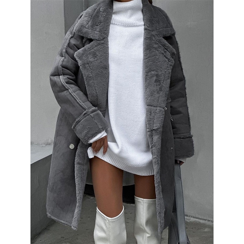 Women's Fleece Jacket Teddy Coat Warm Breathable Pocket Fleece Lined Casual Plain Vacation Street Daily Wear Going out Single Breasted Regular Turndown Regular Fit Long Sleeve Outerwear White Khaki
