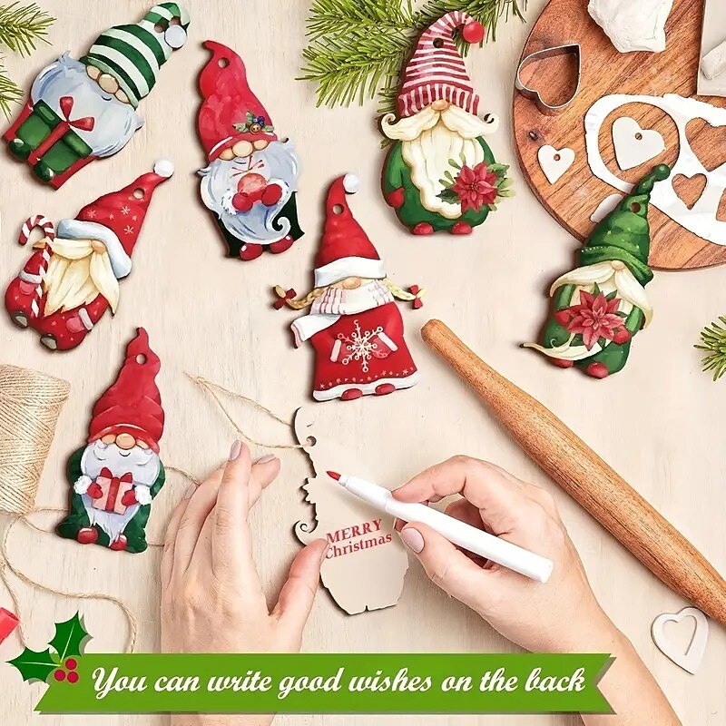 30pcs Vintage Gnome Wooden Ornaments Set - Handmade Christmas Elf and Santa Figurines, Wooden Hanging Crafts for Xmas Tree, Holiday Party Decor2