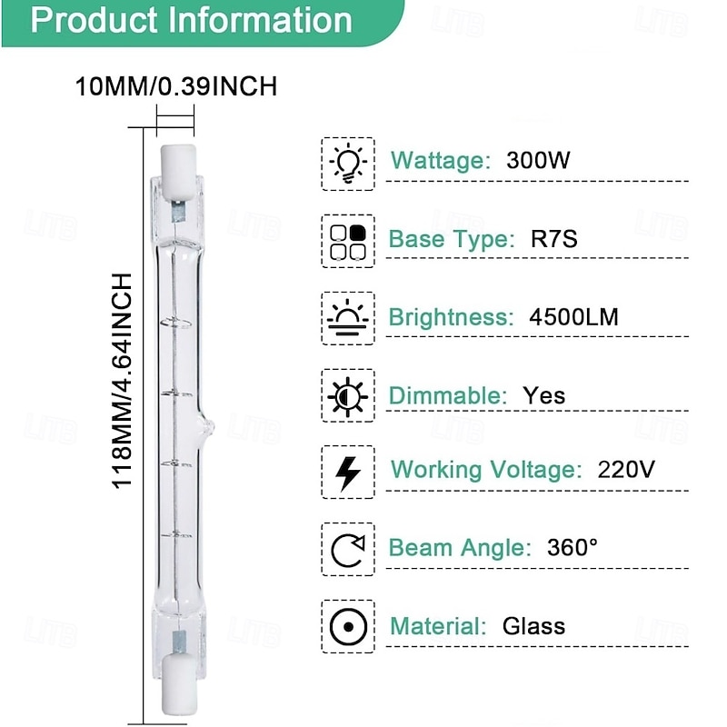 R7S 118mm T3 300W Dimmable Double Ended J-Type Bulbs, 4 Pack for Work, Security & Landscape Lighting 220-240V/110-120V2