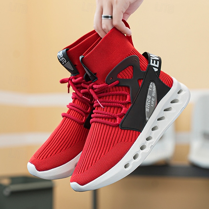 Men's Red High-Top Breathable Athletic Sneakers – Lightweight Knit Running Shoes with Cushioned Sole for Sports & Casual Wear2