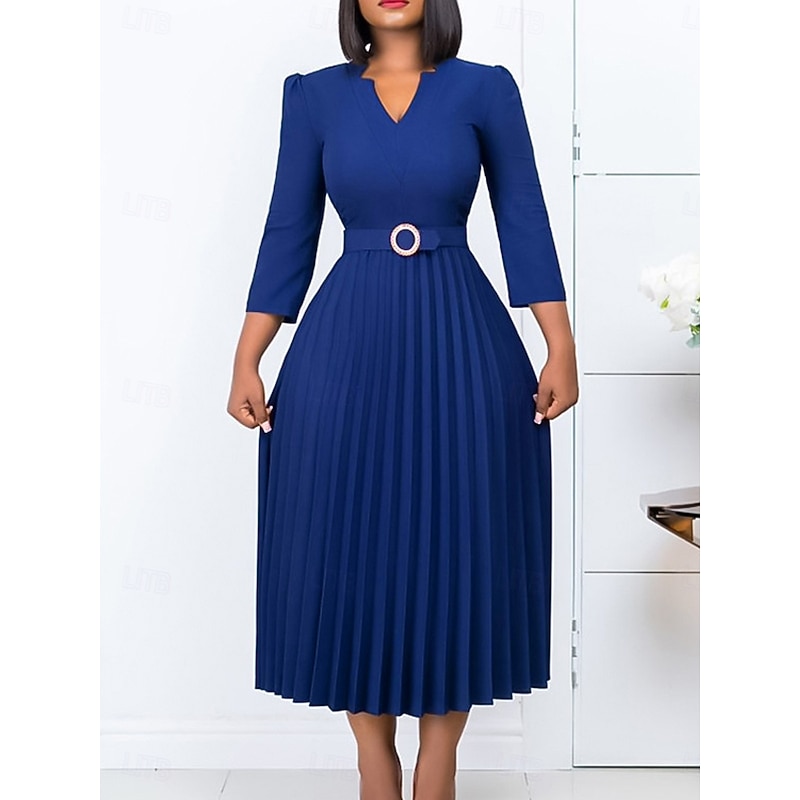 Women's Work Dress Casual Dress A Line Dress Fashion Daily Midi Dress Ruched Patchwork V Neck Long Sleeve Plain Regular Fit Yellow Red Blue Fall Winter S M L XL XXL