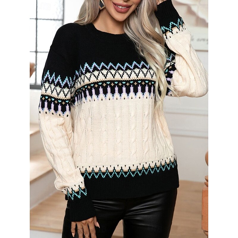 Women's Sweater Pullover Sweater Jumper Fair Isle Sweater Casual Soft Geometric Ribbed Crew Neck Knitted Long Sleeve Regular Tops Knit Outdoor Daily Weekend Black Fall Winter