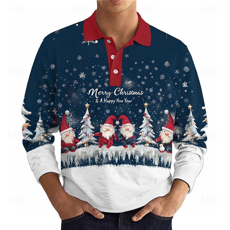 Christmas Men's Elf Polo Shirts Golf Polos Shirts Long Sleeve Polo Shirts Collar Casual Vacation Dailywear 3D Print Buttons Spring Fall & Winter Blue2