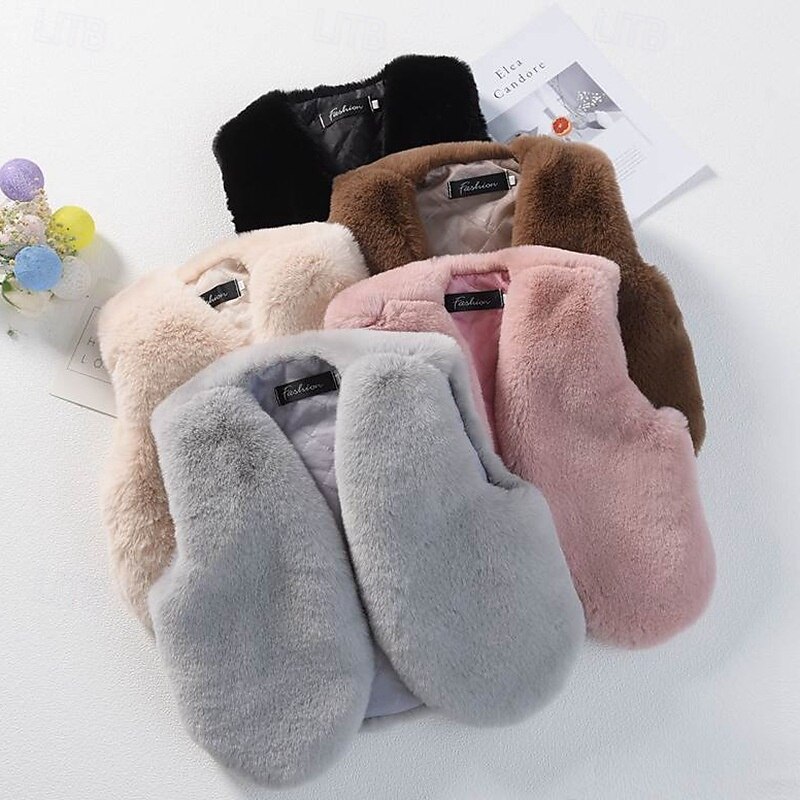 Kids Girls' Faux Fur Coat Solid Color Cute Patchwork School Coat Outerwear 4 years+ Fall Black Pink Red