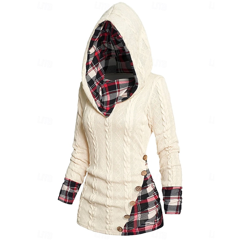 Women's Sweater Pullover Sweater Jumper Casual Soft Plaid Ribbed Hooded Patchwork Knitted Long Sleeve Regular Tops Knit Outdoor Daily Weekend Wine Beige Fall Winter 8