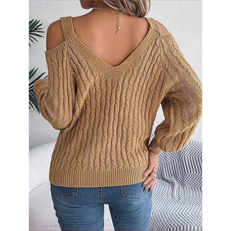 Women's Sweater Pullover Sweater Jumper Casual Soft Solid Color Ribbed V Neck Knitted Cold Shoulder Long Sleeve Regular Tops Knit Outdoor Daily Weekend White Khaki Fall Winter2