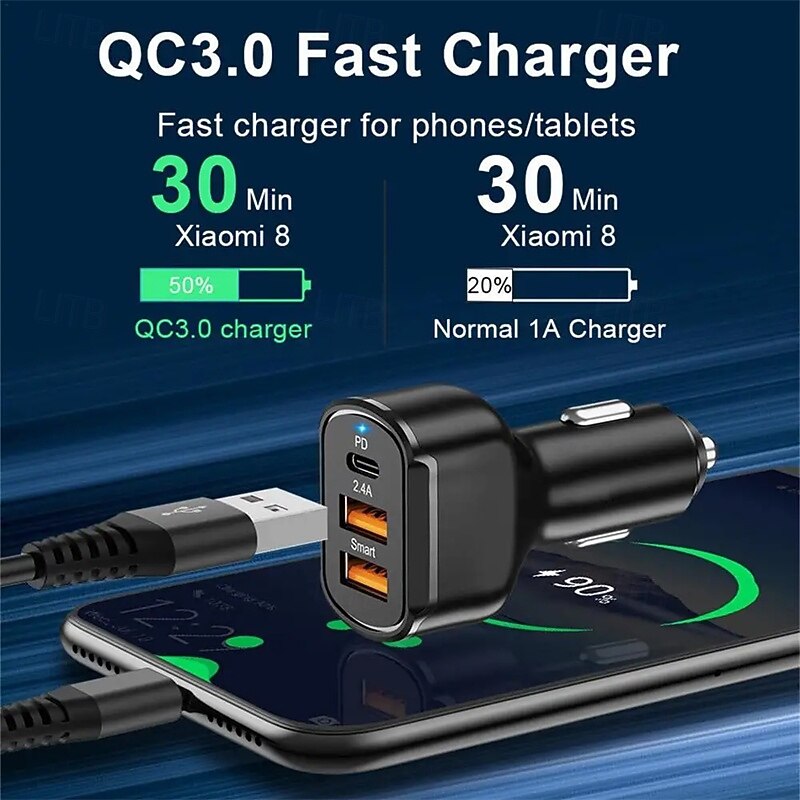 USB C Car Charger PD Car Charger Adapter 3 Ports Mini USB Car Charger 30W Fast Charging Car Adapter